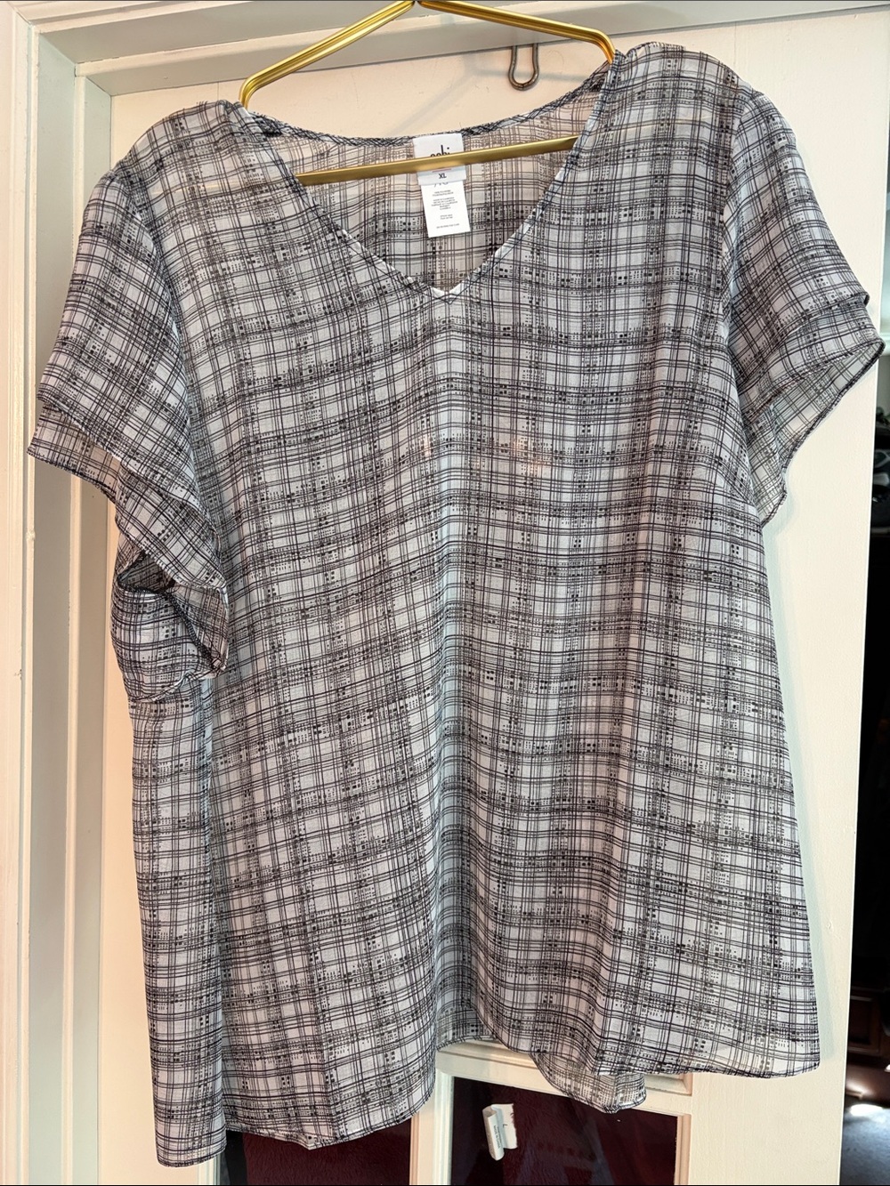 CAbi Black and White Plaid V-Neck Sheer Flutter Cap Sleeve Blouse Size XL